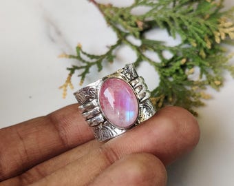 Pink Moonstone Ring, 925 Sterling Silver, Handmade Jewellery, Boho Chic Ring, Gift For Women.