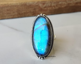 Blue Fire Labradorit Großer Ring, Massiv 925 Sterling Silber Band, Mädchen & Frauen Schmuck.