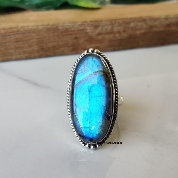 Blue Fire Labradorite Big Ring, Solid 925 Sterling Silver Band, Girls & Women Jewellery.