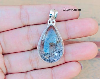 Black Rutile Gemstone Pendant, Pear Shaper Handmade Jewellery, Solid 925 Sterling Silver Pendant.
