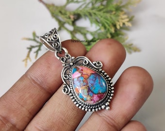 Pink oyster Copper Turquoise Pendant, 925 Sterling Silver Jewellery, Minimalist Pendant.