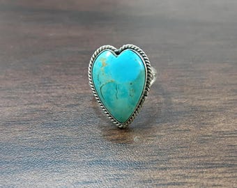 Anillo Kingman Mohave con forma de corazón y turquesa, regalo de Navidad, joyería hecha a mano en plata de ley 925 para mujer.