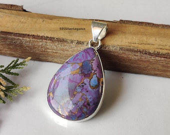 Purple Copper Turquoise Gemstone Pendant, 925 Sterling Silver Women Jewellery.