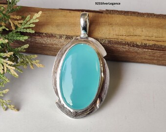 Oval Blue Aqua Chalcedony Gemstone Pendant, Handmade 925 Sterling Silver Jewellery.