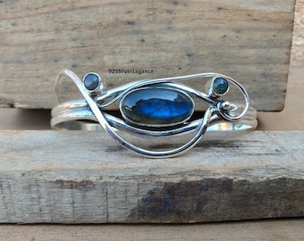 Natural Labradorite Gemstone Bangle, Handcrafted Adjustable Bangle, Solid 925 Sterling Silver.