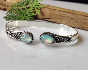 Aurora Opal 925 Sterling Silver Cuff Bangle, Teardrop Gemstone