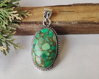 Handcrafted Designer Pendant, Green Copper Turquoise Oval Shape Pendant, 925 Sterling Silver Jewellery.