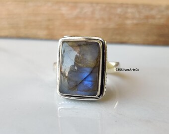 Anillo de piedra preciosa de labradorita, piedra de fuego azul, anillo hecho a mano, joyería de plata esterlina maciza 925.