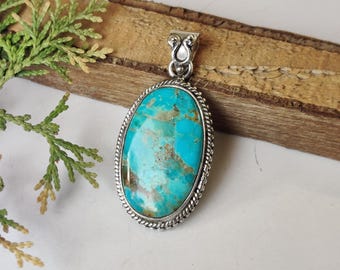Kingman Turquoise Pendant, Designer Women Jewellery, Solid 925 Sterling Silver.