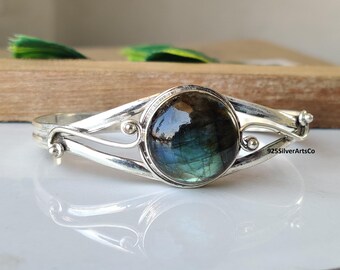 Natural Labradorite Gemstone Bangle, Adjustable Bangle, Solid 925 Sterling Silver Jewellery.