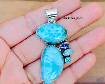 Natural Larimar Amethyst Blue Topaz Pendant, Designer Handmade Pendant, 925 Sterling Silver.