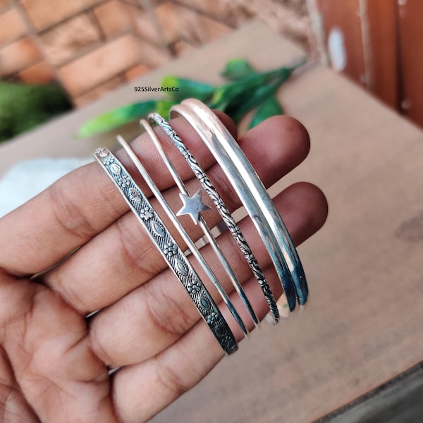 Dainty Sterling Silver Bangle Set, Handmade Silver Jewelry