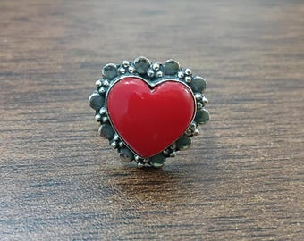 Anillo de corazón de coral rojo, joyería bohemia de plata de ley 925, regalo para ella.