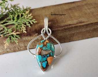 Oyster Copper Turquoise Gemstone Pendant, Designer Pendant, Solid 925 Sterling Silver Jewellery.