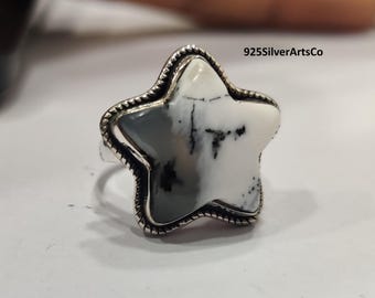 Anillo con gema dendrítica en forma de estrella, anillo llamativo de plata de ley 925