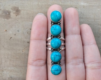 Anillo de piedra preciosa turquesa azul, anillo grande de 5 piedras, joyería hecha a mano en plata de ley 925.