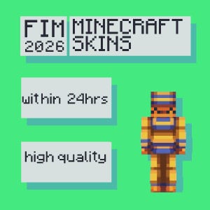 May include: Image featuring a pixelated Minecraft skin in shades of yellow and blue. Text includes "FIM MINECRAFT SKINS 2026", "within 24hrs", and "high quality" on a green background. The skin is a blocky figure.
