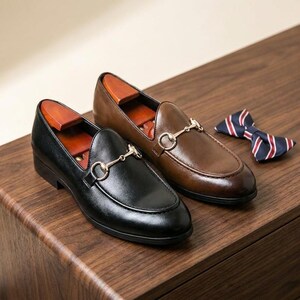 May include: A pair of loafers, one black and one brown, each featuring a gold-tone metal horsebit detail across the vamp and a wooden shoe tree insert. A small bow tie with a navy, white, and red striped pattern sits beside the shoes.