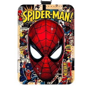 May include: A rectangular Spider-Man themed luggage tag featuring a large red Spider-Man mask with white eyes. The background is a comic book style collage with the words "SPIDER-MAN!" in yellow and various comic book panels.