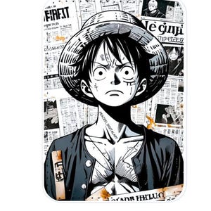 Könnte beinhalten: Ein rechteckiger, weißer Handyhalter mit einer Schwarz-Weiß-Illustration eines Manga-Charakters mit Strohhut. Der Hintergrund ist eine Collage aus Zeitungsausschnitten. Der Text "PEACEFL DIGITAL ART" ist sichtbar.