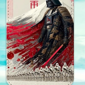 May include: A white rectangular tag featuring a stylized illustration of Darth Vader with a red and white background. A line of Stormtroopers is at the bottom. The tag has a metal loop at the top.