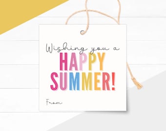 May include: A square white gift tag with a hole at the top and a tan string. The text reads Wishing you a HAPPY SUMMER! in colorful gradient letters, with the word From: printed in black at the bottom left corner of the tag.
