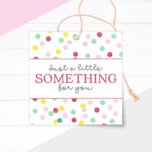 Puede incluir: Una etiqueta de regalo cuadrada con un fondo blanco cubierto de lunares de colores. La etiqueta tiene el texto "Just a little SOMETHING for you" en rosa y negro. Se adjunta un cordel natural para colgar.