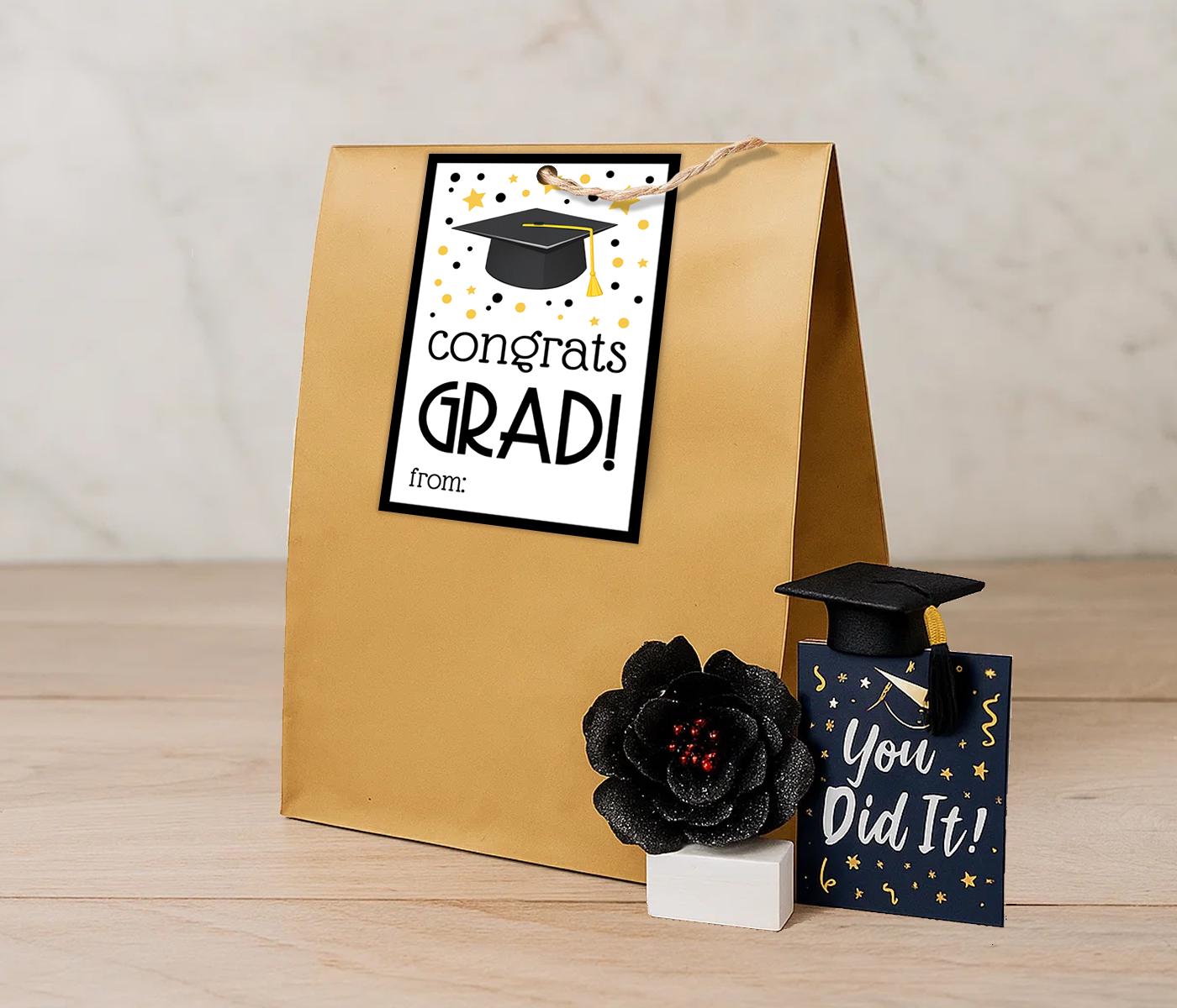 Congrats Grad Gift Tags Printable, Black Gold Graduation Favor Label ...
