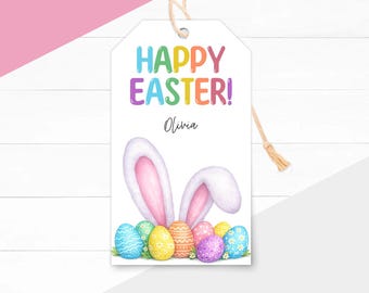 Happy Easter Gift Tags Printable, Bunny Ears Basket Label, Kids Treat Bag Favor, Egg Hunt Party Decor  (Instant Download)