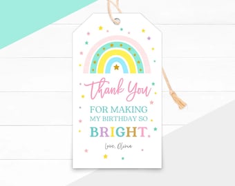 Etiquetas de agradecimento para aniversário com tema arco-íris, etiquetas para lembrancinhas de festa em tons pastel (download instantâneo)