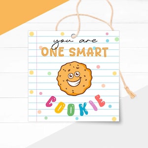 以下が含まれることがあります： 正方形のギフトタグ。罫線入りの紙のデザイン。タグには「you are ONE SMART COOKIE」の文字と、笑顔のクッキーのグラフィックが描かれています。タグはカラフルな水玉模様で装飾され、吊り下げ用の紐が付いています。