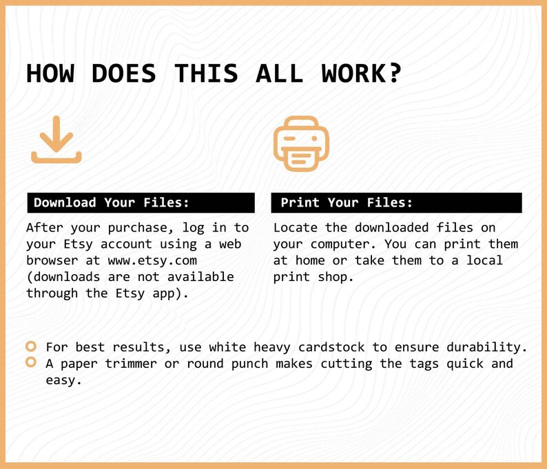 May include: An instructional graphic titled HOW DOES THIS ALL WORK? featuring a download icon and a printer icon. It provides steps to download files from an Etsy account via a web browser and instructions for printing at home or a local print shop.
