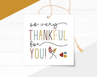 Può includere: Un'etichetta quadrata bianca con le parole "so very THANKFUL for YOU!" in un mix di caratteri e colori. L'etichetta ha un cordino per appenderla e presenta illustrazioni di foglie e cuori.