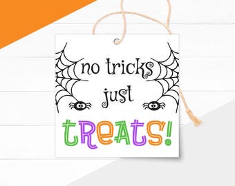 Può includere: Etichetta quadrata bianca di Halloween con la scritta "no tricks just TREATS!" in nero, verde, viola e arancione. L'etichetta presenta ragnatele nere e due piccoli ragni. Un cordino di spago naturale è attaccato per appenderla.