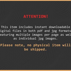 K&ouml;nnte beinhalten: Eine dunkelgraue digitale Grafik mit einem subtilen Wellenlinienmuster. Der Text lautet: ATTENTION! This item includes instant downloadable digital files in both pdf and jpg formats, featuring multiple images per page as well as individual jpg images. Please note, no physical item will be shipped.
