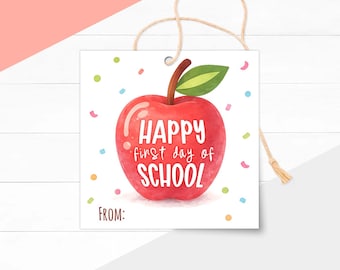Happy First Day School Tag Printable, Apple Favor Label, Classroom Welcome Treat Card, Student Gift (Instant Download)