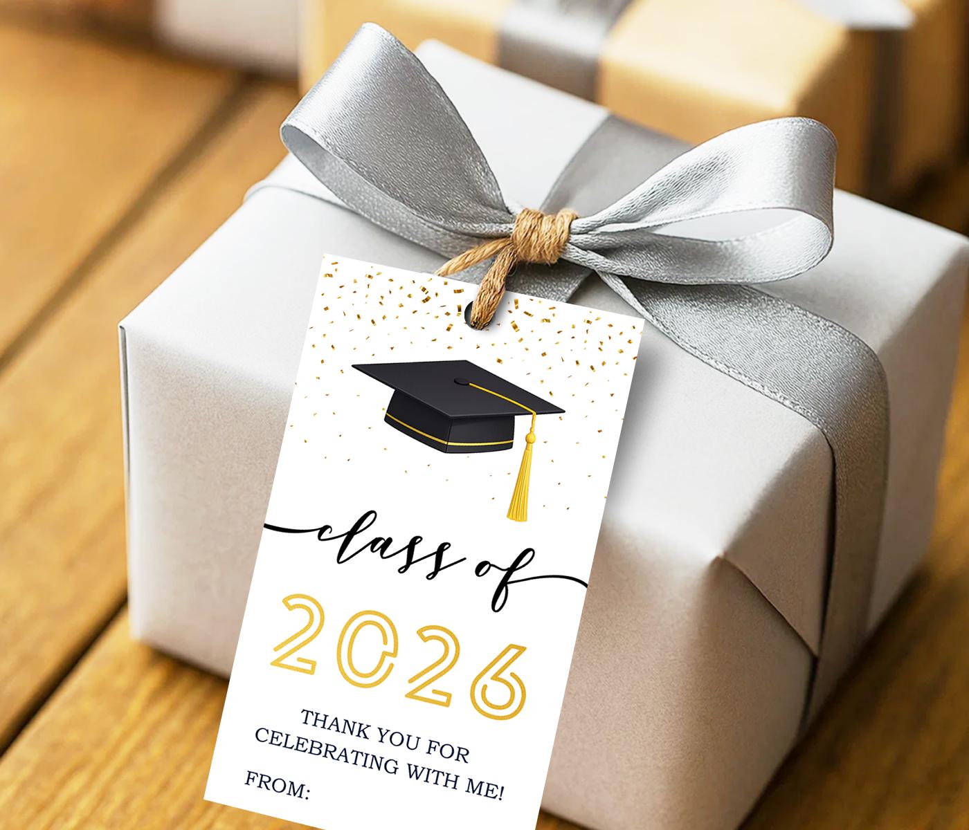 Graduation Gift Tags Printable Class of 2026, Gold Confetti Grad Hat ...