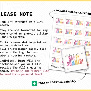 May include: A digital sheet containing 20 square gift tags, each measuring 21.59 cm by 27.94 cm, featuring the text 'Wishing you a HAPPY SUMMER!' in colourful gradient lettering with a 'From:' line at the bottom for handwritten personalisation.