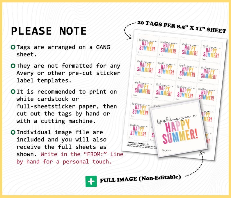 May include: A digital sheet containing 20 square gift tags, each measuring 21.59 cm by 27.94 cm, featuring the text 'Wishing you a HAPPY SUMMER!' in colourful gradient lettering with a 'From:' line at the bottom for handwritten personalisation.