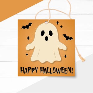 Happy Halloween Geschenkanhänger: Süßer Geist & Fledermaus druckbarer Leckerli Beutel Anhänger (Instant Download)
