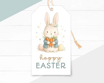 Vintage Bunny Easter Gift Tag Printable, Rustic Carrot Basket Label, Storybook Spring Favor (Instant Download)