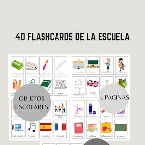 40 flashcards escolares – objetos, asignaturas y más – vocabulario para niños – PDF imprimible educativo, escuela, materiales, school