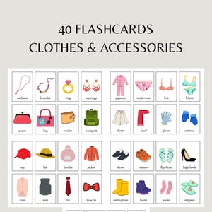 以下が含まれることがあります： 40種類の服とアクセサリーのイラストが描かれたフラッシュカード。ネックレス、指輪、パジャマ、下着、ハンドバッグ、バックパック、ショートパンツ、スカーフ、手袋、帽子、ジャケット、靴、スニーカー、ビーチサンダル、コート、ベスト、ネクタイ、蝶ネクタイ、長靴、ブーツ、靴下、スリッパなど。
