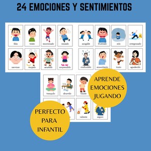 May include: A blue educational poster with the text "24 EMOTIONS AND FEELINGS" and illustrations of various emotions. Includes the text "PERFECT FOR INFANTIL" and "LEARN EMOTIONS BY PLAYING".