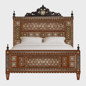 Moroccan Mother of Pearl Bone Bed Custom Handmade Inlaid Headboard Solid Wood King Bed Frame Luxury Furniture - Made to Order