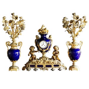 Mantel clock set, 19th century French Porcelain Clock and Candlestick Set, Antique Porcelain French Clock, Antique candelabra with clock