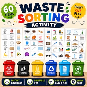 Könnte beinhalten: Ein farbenfrohes Lehrplakat mit dem Titel "Waste Sorting Activity" mit 60 zu sortierenden Artikeln. Enthält Bilder von verschiedenen Abfallgegenständen und sechs verschiedenfarbigen Behältern, die für verschiedene Abfallarten gekennzeichnet sind. Das Plakat enthält auch den Text "Print Cut Play".