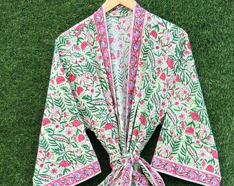 Hand Block Print Cotton Kimono Robe: Botanical Floral Lounge Wear, Bohemian Beach Cover Up