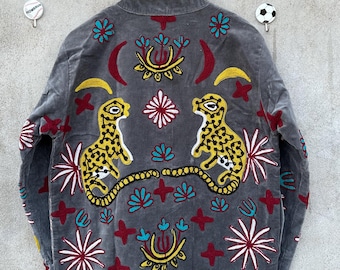 Embroidered Velvet Suzani Jacket: Bohemian Leopard Floral Statement Coat