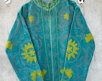 Hand Embroidered Velvet Suzani Jacket – Boho Floral Indian Style Coat